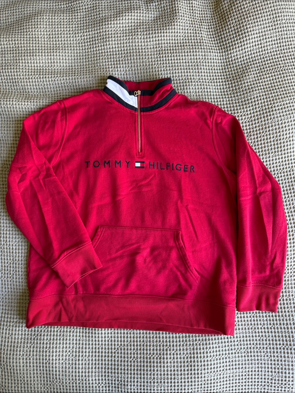 Tommy Hilfiger Red Quarter-Zip Logo Pullover with Navy Trim